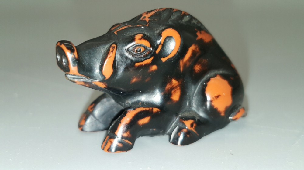 Rare Japanese Meiji Boxwood Negoro Lacquer Netsuke of a Wild Boar View VI