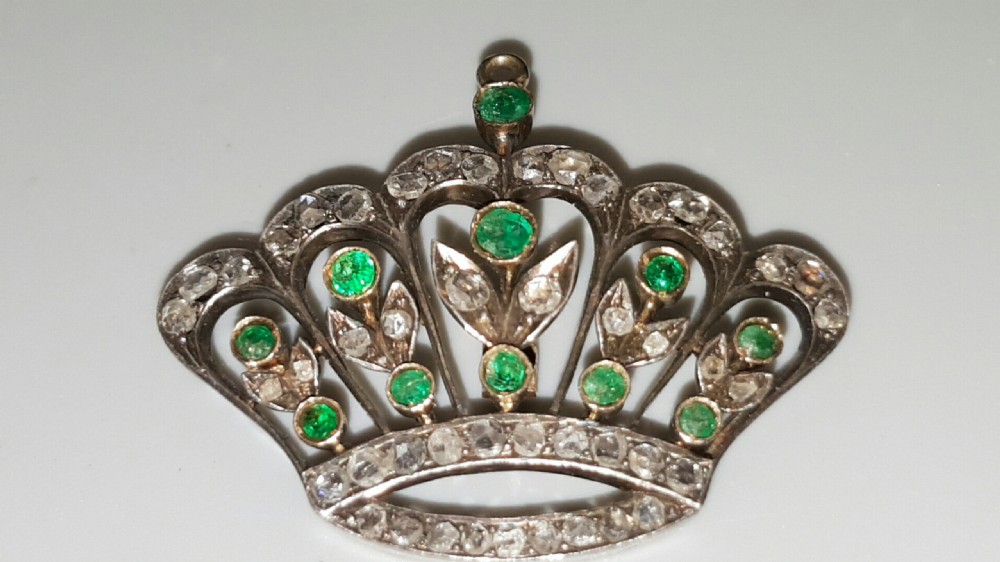Victorian Antique Crown Gold/Platinum Pendant Set with Diamonds & Emeralds