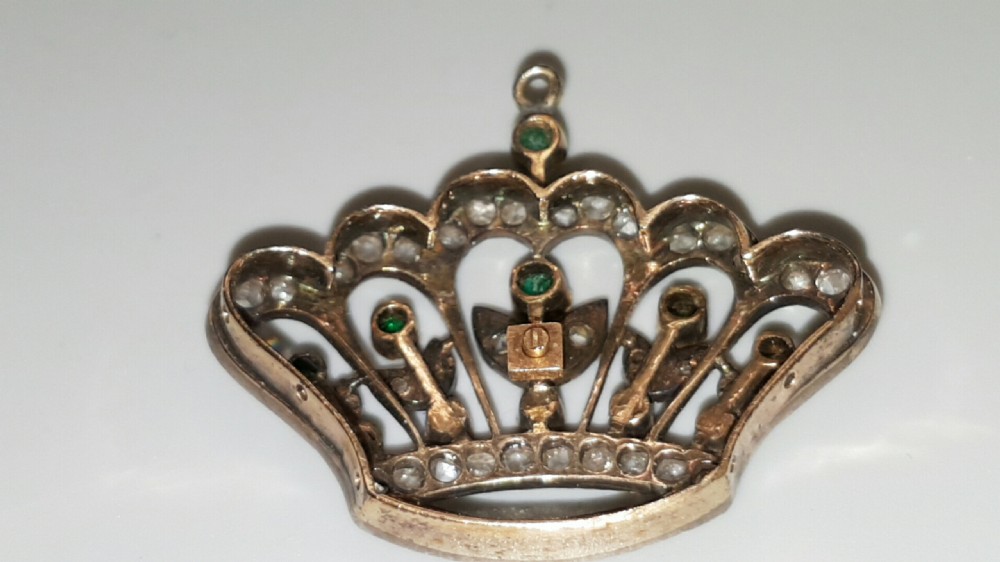 Victorian Antique Crown Gold/Platinum Pendant Set with Diamonds & Emeralds View II
