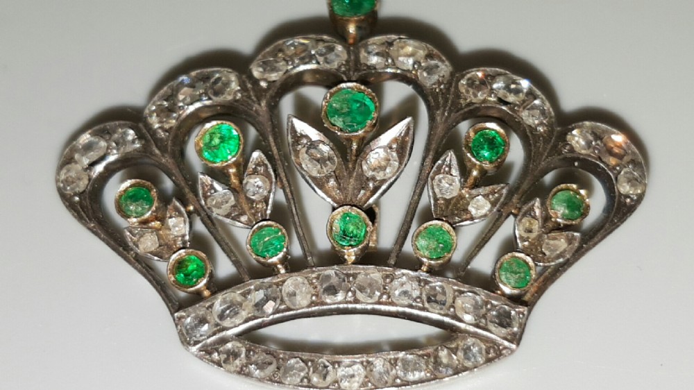 Victorian Antique Crown Gold/Platinum Pendant Set with Diamonds & Emeralds View III
