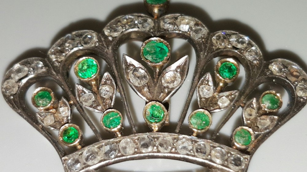 Victorian Antique Crown Gold/Platinum Pendant Set with Diamonds & Emeralds View IV