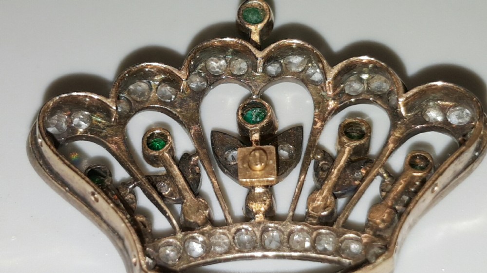 Victorian Antique Crown Gold/Platinum Pendant Set with Diamonds & Emeralds View V