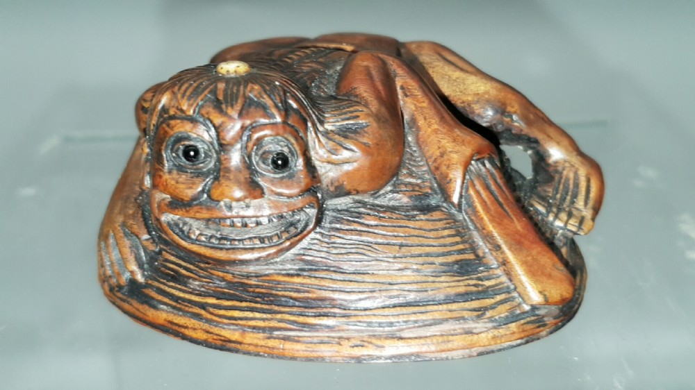 Japanese Meiji (19thC) Boxwood Netsuke of a Kappa (Yokai)) on a Clam, signed
