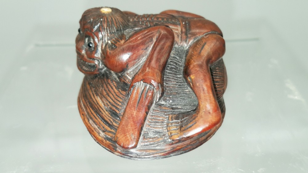 Japanese Meiji (19thC) Boxwood Netsuke of a Kappa (Yokai)) on a Clam, signed View II