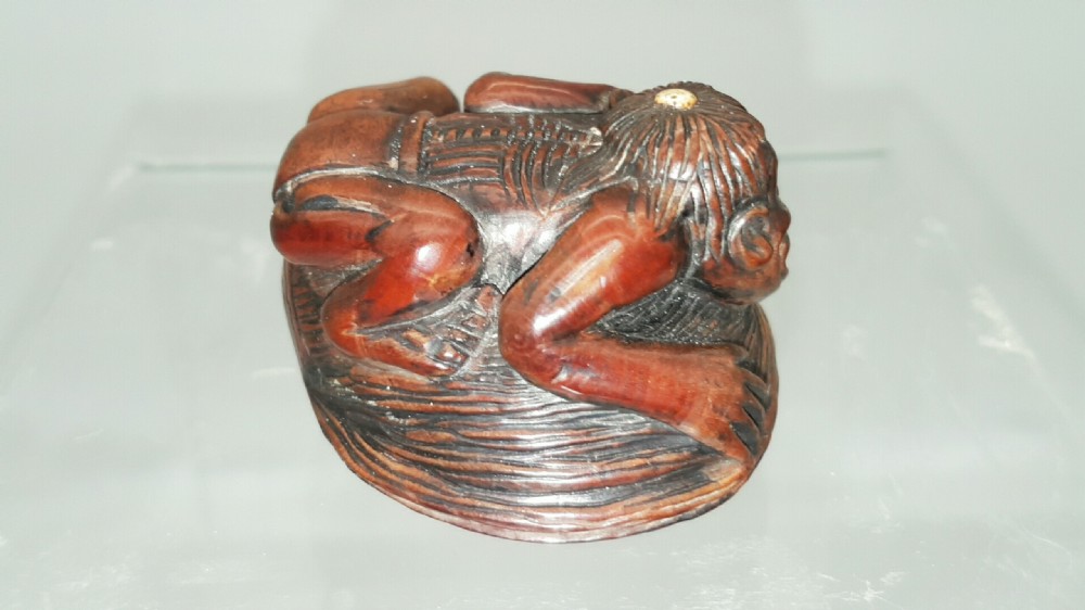 Japanese Meiji (19thC) Boxwood Netsuke of a Kappa (Yokai)) on a Clam, signed View IV