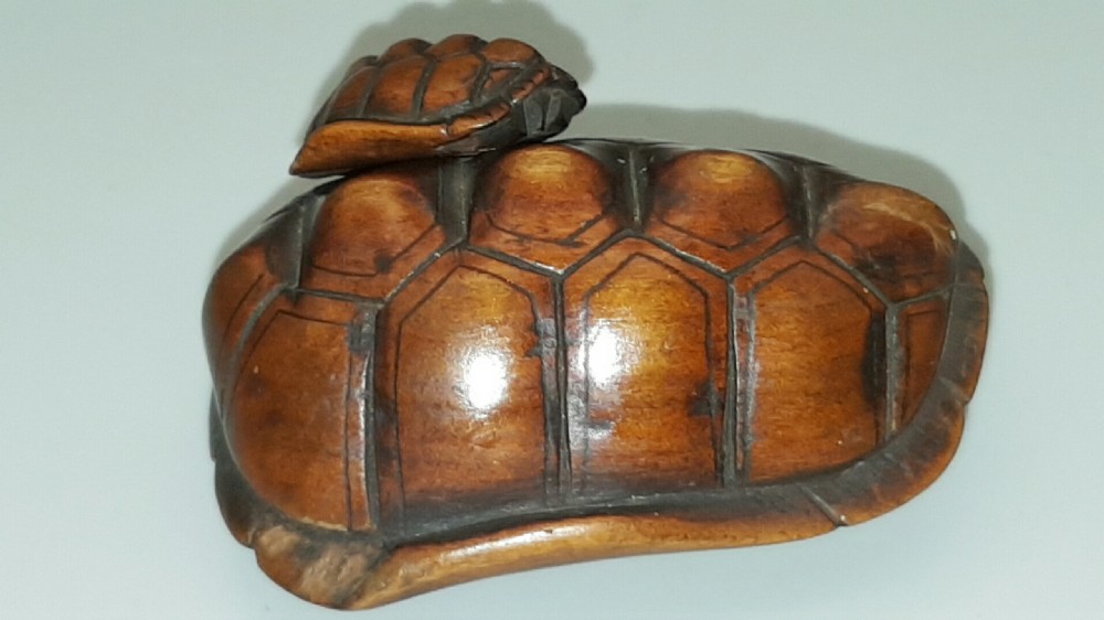 Rare Japanese Edo (19thC) Boxwood Netsuke of a Tortoise and Young (Oyako) signed Masakichi.  View II