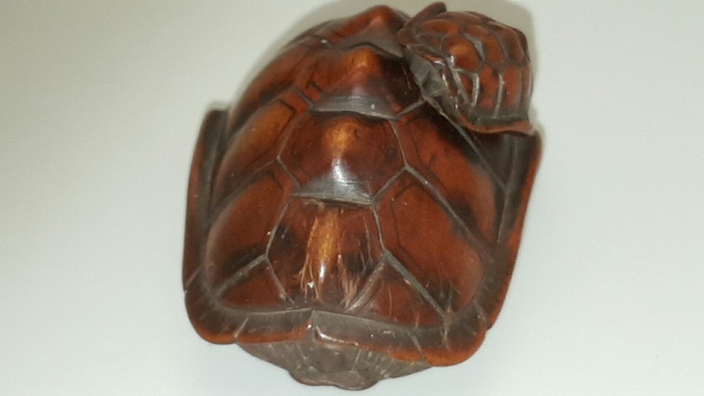 Rare Japanese Edo (19thC) Boxwood Netsuke of a Tortoise and Young (Oyako) signed Masakichi.  View III