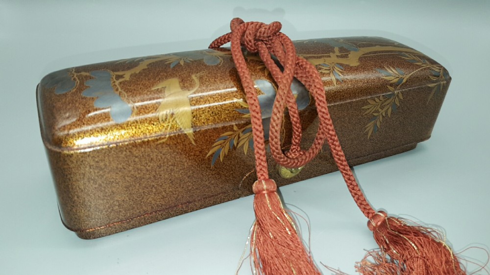 Lovely Japanese Meiji (19thC) Lacquer Letter Box (Fubako) with Cranes & Pine Tree Decoration