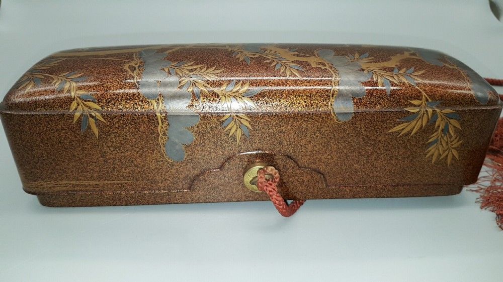 Lovely Japanese Meiji (19thC) Lacquer Letter Box (Fubako) with Cranes & Pine Tree Decoration View IX