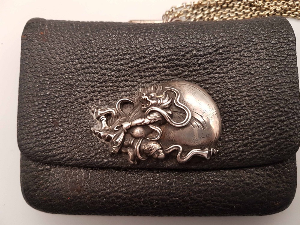 Japanese Meiji (19thC) Tobacco or Coin Pouch (Fukuro) with Sterling Clasp (Kanemono) & Manju Netsuke View II