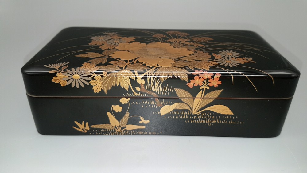 Lovely Japanese Meiji (early 20thC) Heian Zohiko Four Seasons Lacquer (Maki-e) Box & Tray  View IV