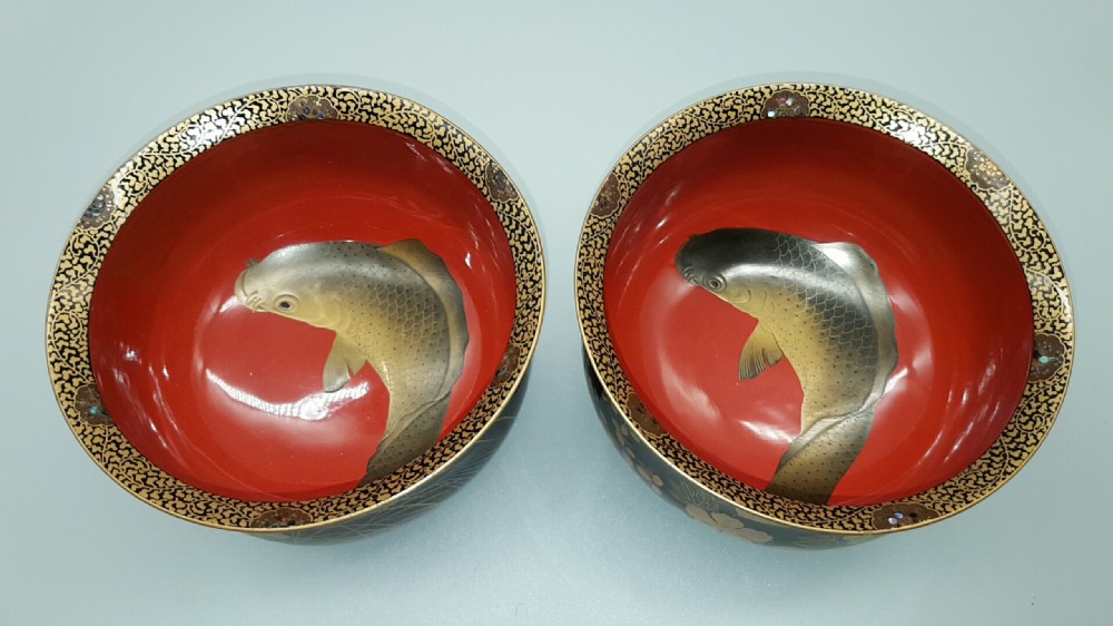 Stunning Pair of Japanese Taisho/Showa Lacquer Sake Cup Washing Bowls (Haisen)