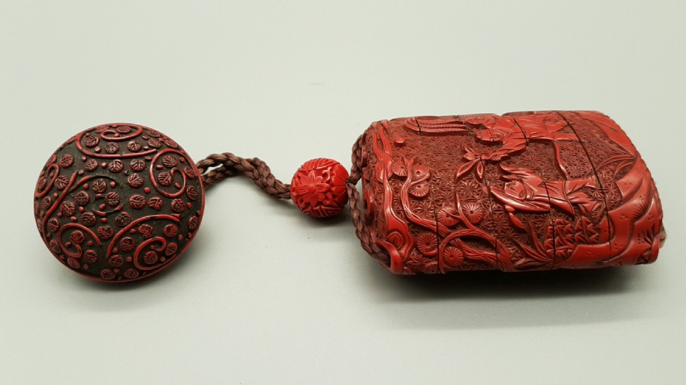 Excellent Japanese Meiji (19thC) Red Lacquer (Cinnabar) Inro, Netsuke & Ojime Ensemble