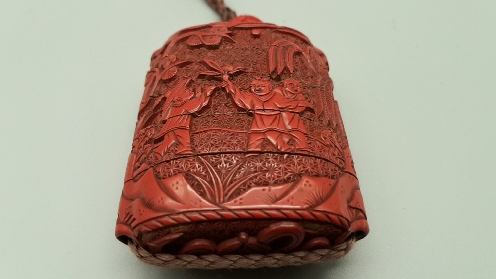 Excellent Japanese Meiji (19thC) Red Lacquer (Cinnabar) Inro, Netsuke & Ojime Ensemble View II
