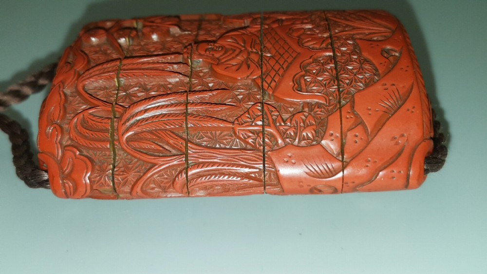 Excellent Japanese Meiji (19thC) Red Lacquer (Cinnabar) Inro, Netsuke & Ojime Ensemble View VI