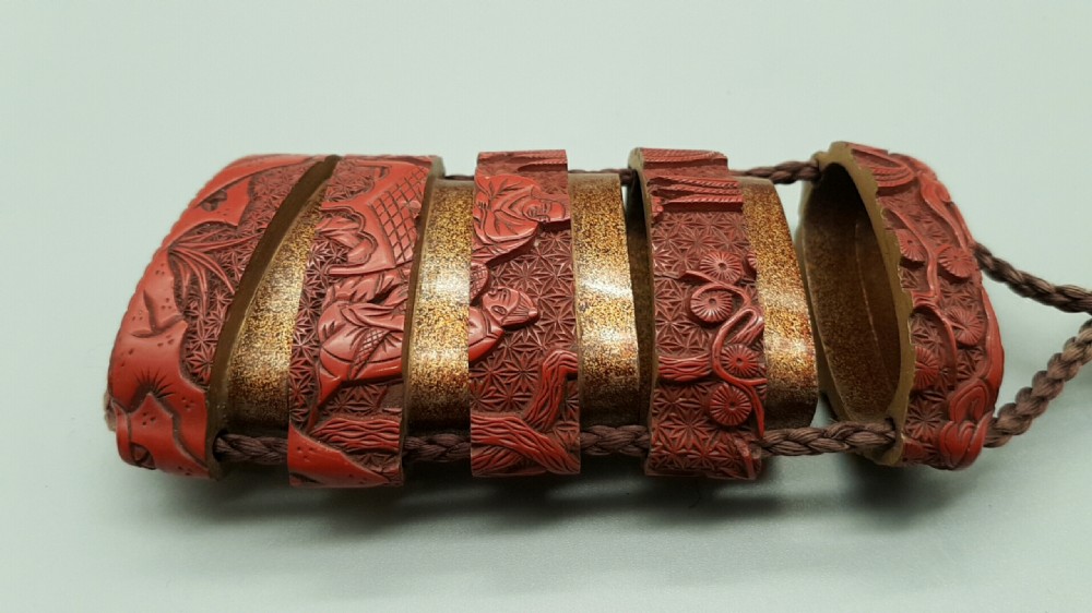 Excellent Japanese Meiji (19thC) Red Lacquer (Cinnabar) Inro, Netsuke & Ojime Ensemble View X