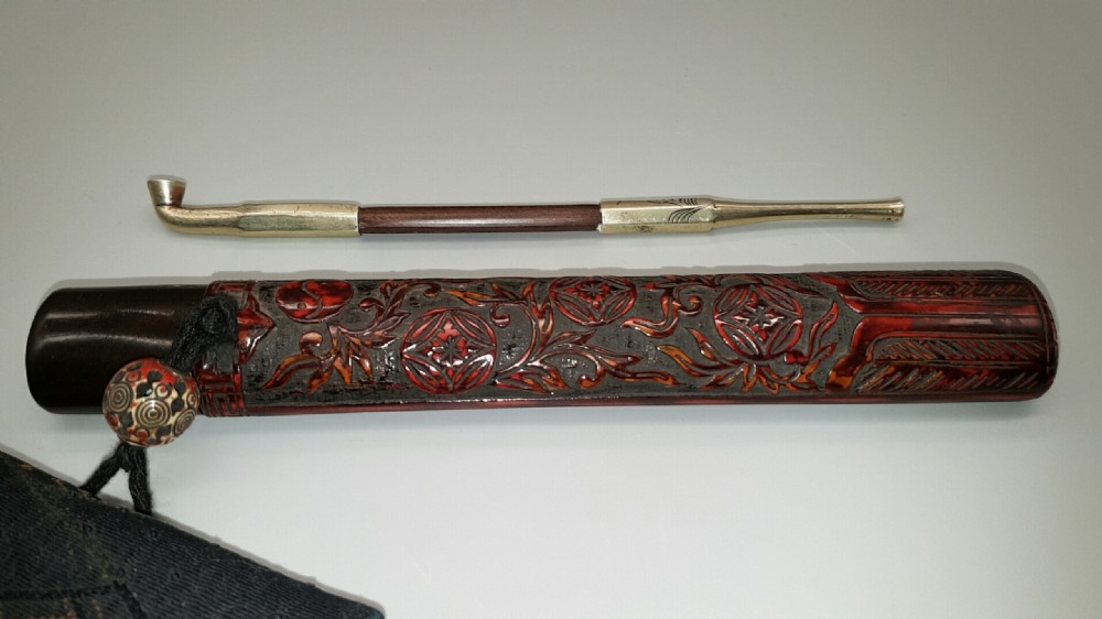 Lovely Japanese Meiji (19thC) Smoking Ensemble of Tobacco Pouch, Pipe and Pipecase View II