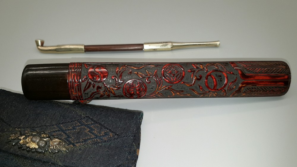 Lovely Japanese Meiji (19thC) Smoking Ensemble of Tobacco Pouch, Pipe and Pipecase View III