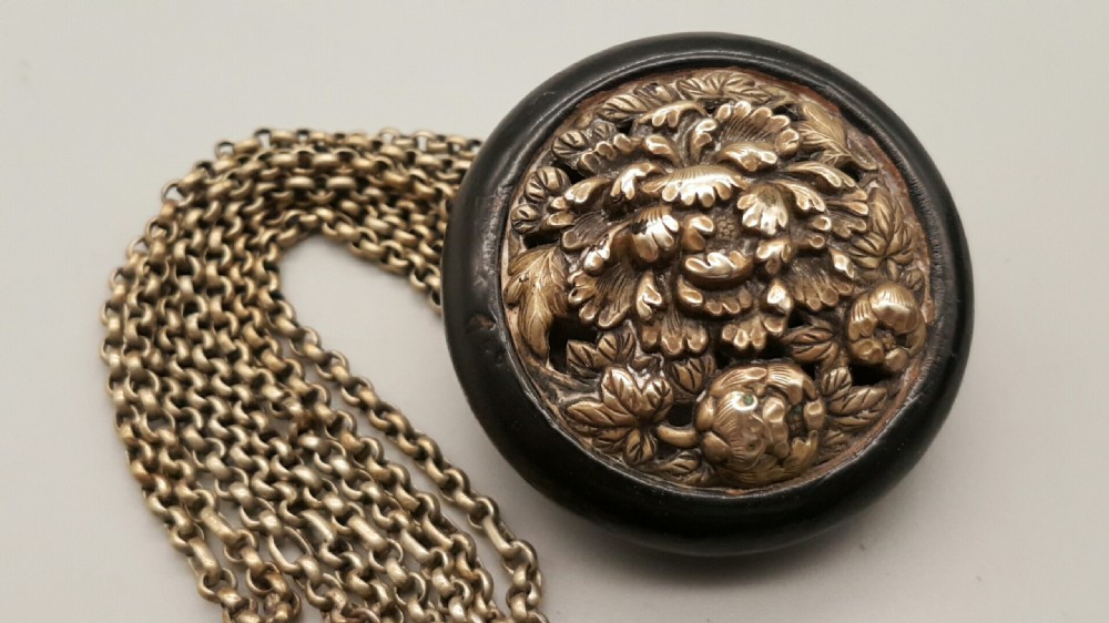 Japanese Meiji (19thC) Tobacco or Coin Pouch (Fukuro) with Sterling Clasp (Kanemono) & Manju Netsuke View III