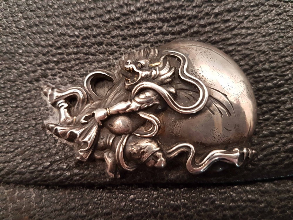 Japanese Meiji (19thC) Tobacco or Coin Pouch (Fukuro) with Sterling Clasp (Kanemono) & Manju Netsuke View V