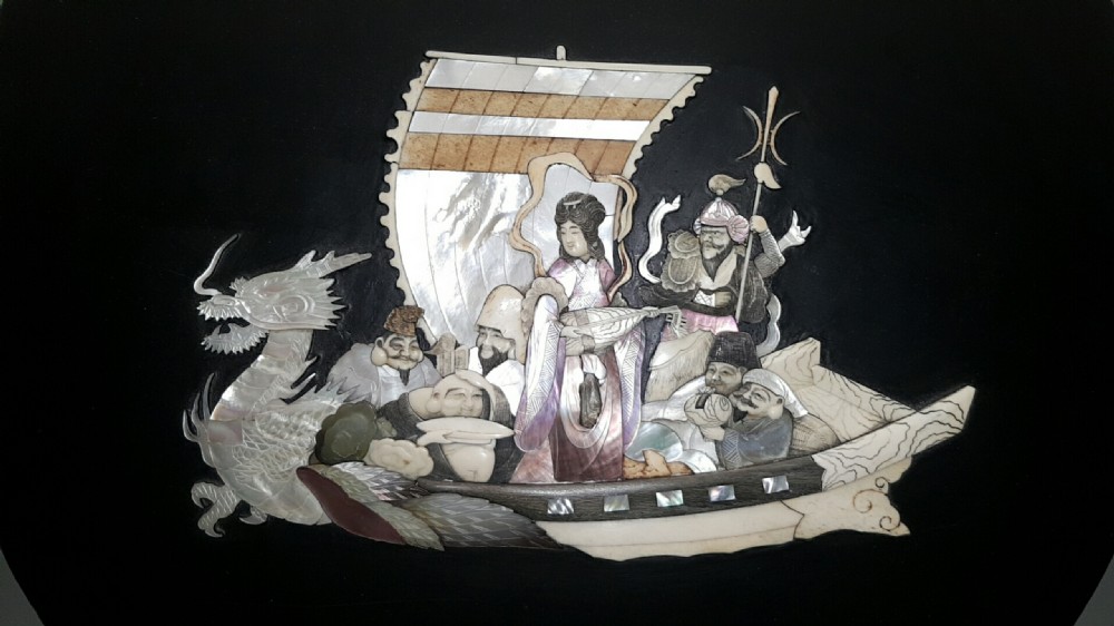 Striking Japanese Meiji (19thC) Shibayama Plaque Depicting the Seven Lucky Gods in Their Treasure Ship (Takabune) View II