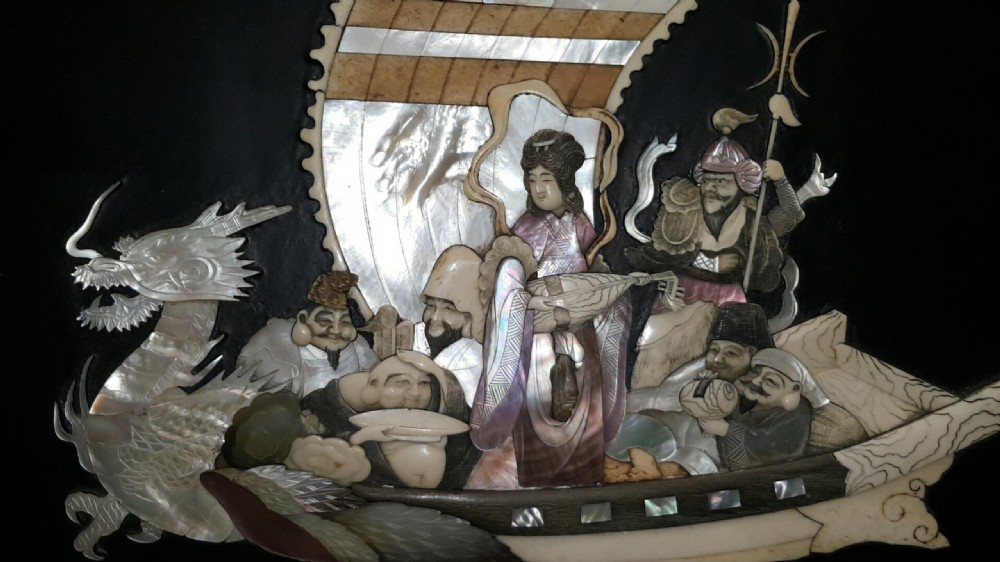Striking Japanese Meiji (19thC) Shibayama Plaque Depicting the Seven Lucky Gods in Their Treasure Ship (Takabune) View III