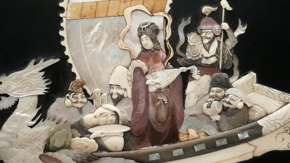 Striking Japanese Meiji (19thC) Shibayama Plaque Depicting the Seven Lucky Gods in Their Treasure Ship (Takabune) View IV