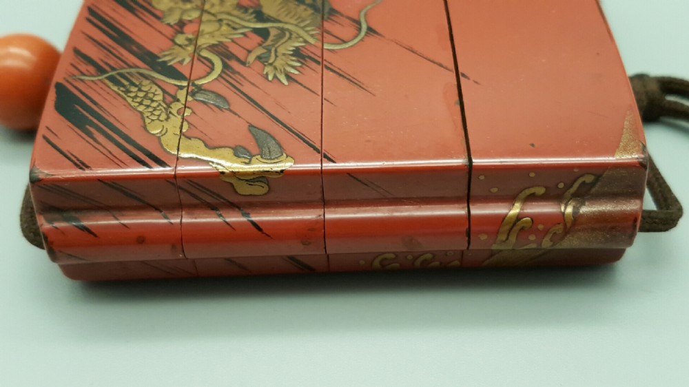 Rare Japanese Edo (19thC) Red-Lacquer Three-Case Square Inro by Kajikawa View IV