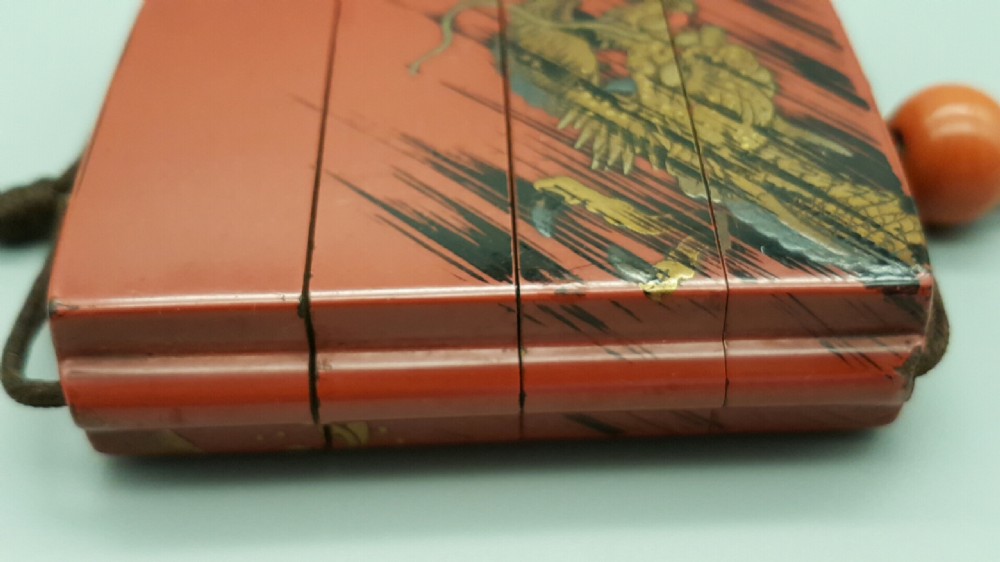 Rare Japanese Edo (19thC) Red-Lacquer Three-Case Square Inro by Kajikawa View V