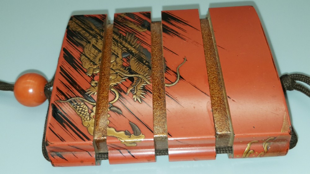Rare Japanese Edo (19thC) Red-Lacquer Three-Case Square Inro by Kajikawa View VIII