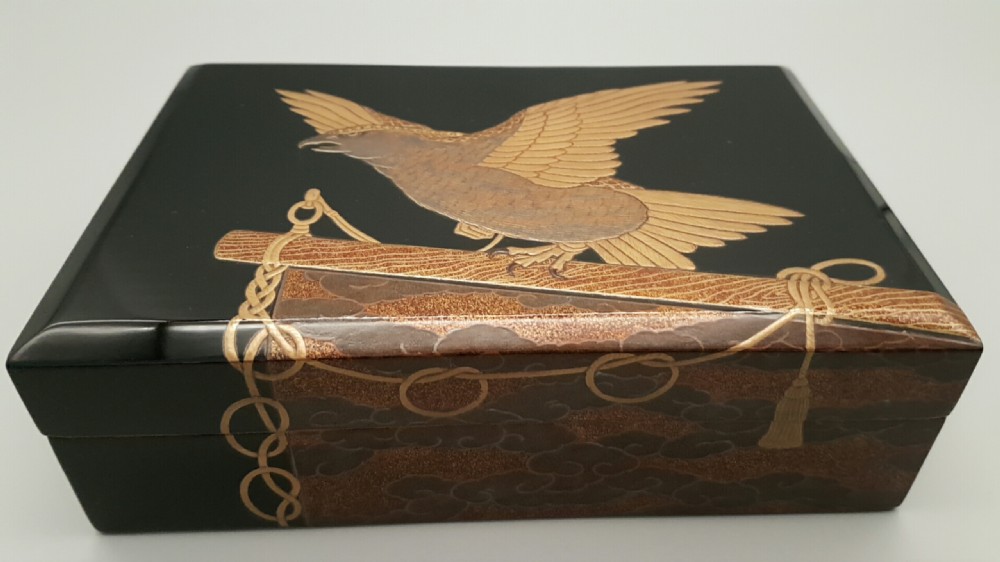 Lovely Japanese Meiji or Taisho (early 20thC) Rectangular Lacquer Box with Hawk Decoration
