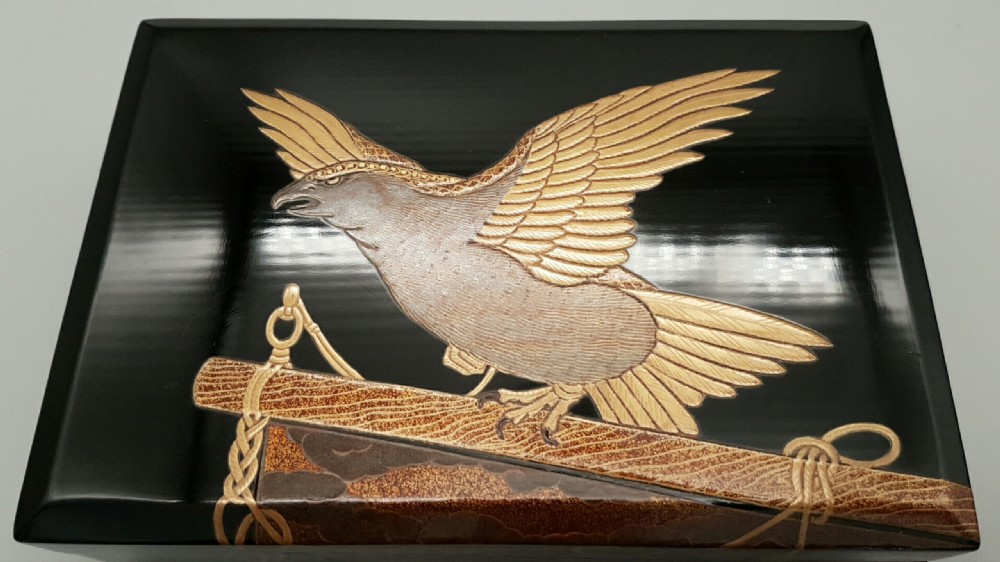 Lovely Japanese Meiji or Taisho (early 20thC) Rectangular Lacquer Box with Hawk Decoration View II