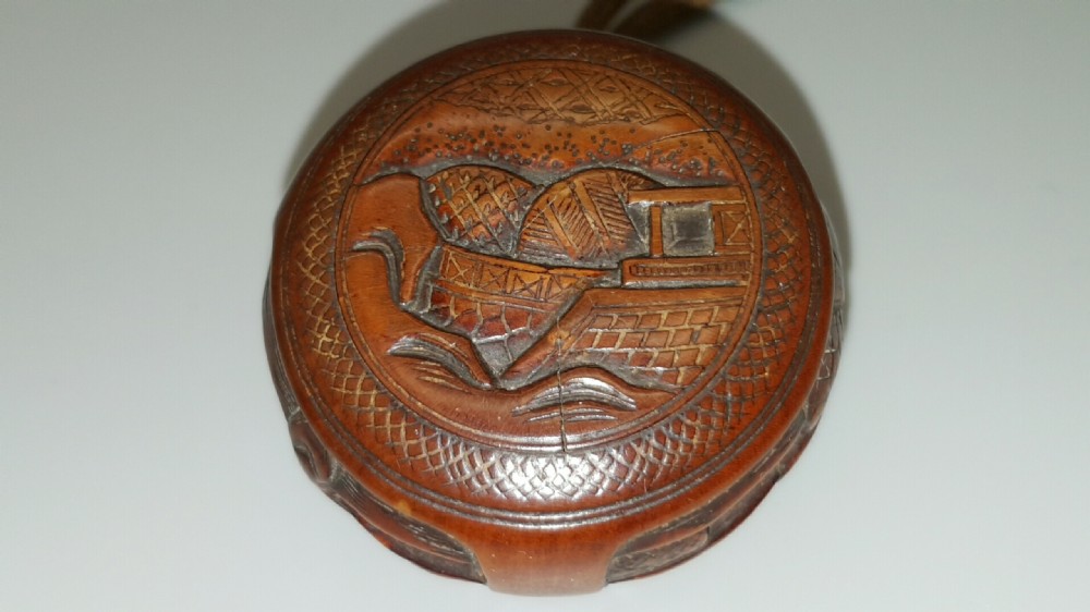 Rare Japanese Meiji (19thC) Boxwood Manju Ryusa Netsuke of Tower Landscape Design View V