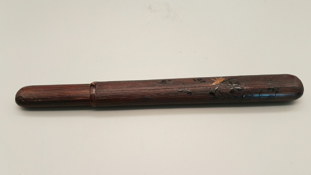Superb Japanese Meiji (19thC) Bamboo Lacquer Pipecase (Kiseruzutsu) with Grasshopper on Foliage and a Silver Pipe (Kiseru) View IV
