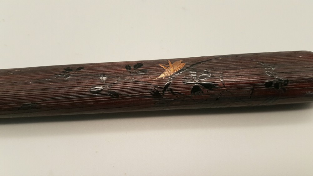 Superb Japanese Meiji (19thC) Bamboo Lacquer Pipecase (Kiseruzutsu) with Grasshopper on Foliage and a Silver Pipe (Kiseru) View VIII