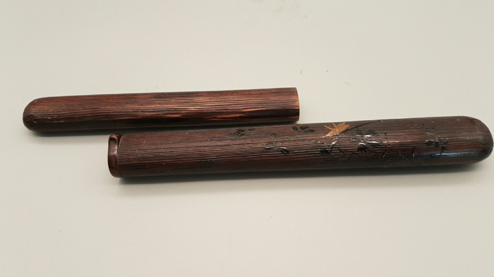 Superb Japanese Meiji (19thC) Bamboo Lacquer Pipecase (Kiseruzutsu) with Grasshopper on Foliage and a Silver Pipe (Kiseru) View IX