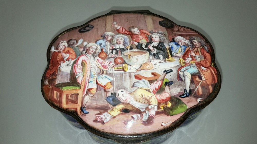 Stunning Antique 18thC (ca 1780) Georgian Enamel Box, with Hogarth Decoration View II