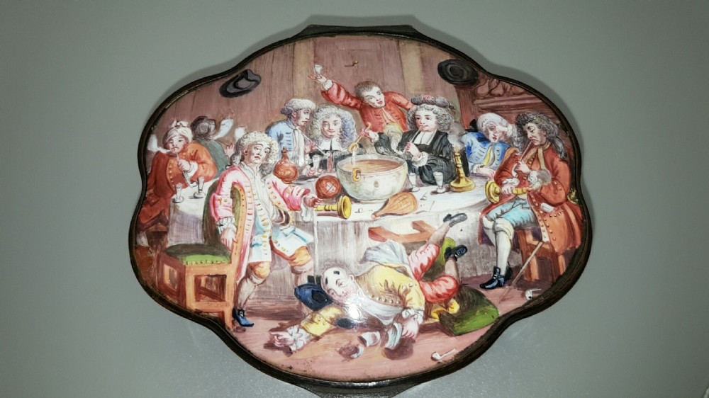 Stunning Antique 18thC (ca 1780) Georgian Enamel Box, with Hogarth Decoration View X