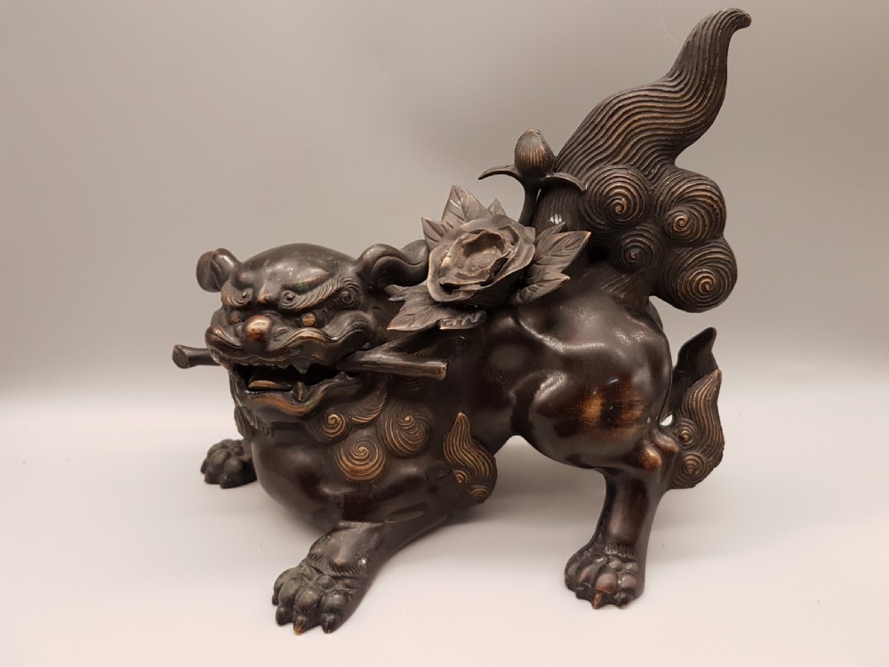 Striking Japanese Meiji (early 20thC) Bronze Temple Lion & Peony (Shishi-Botan) Okimono