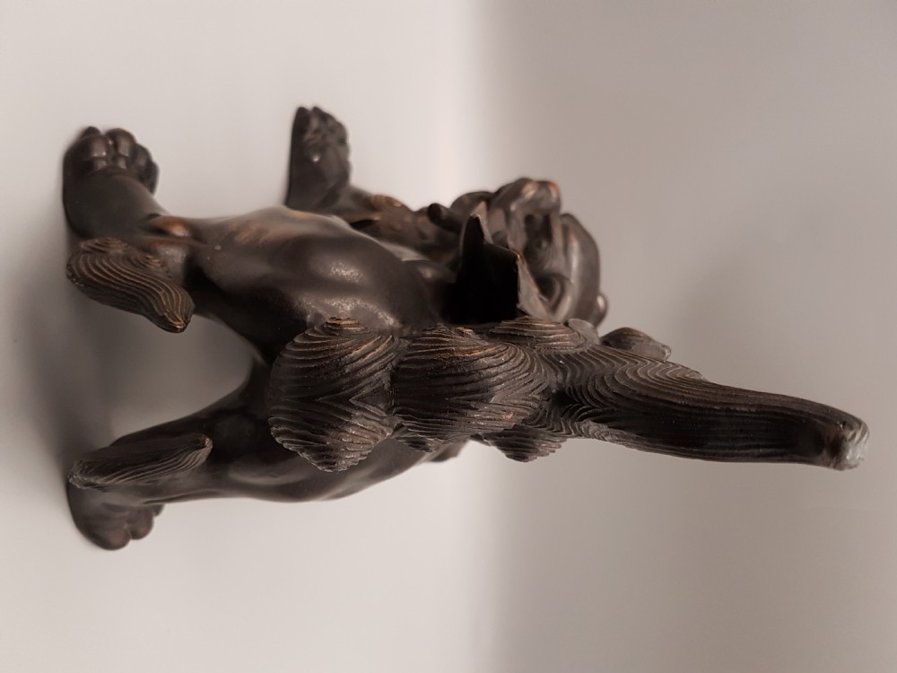 Striking Japanese Meiji (early 20thC) Bronze Temple Lion & Peony (Shishi-Botan) Okimono View V