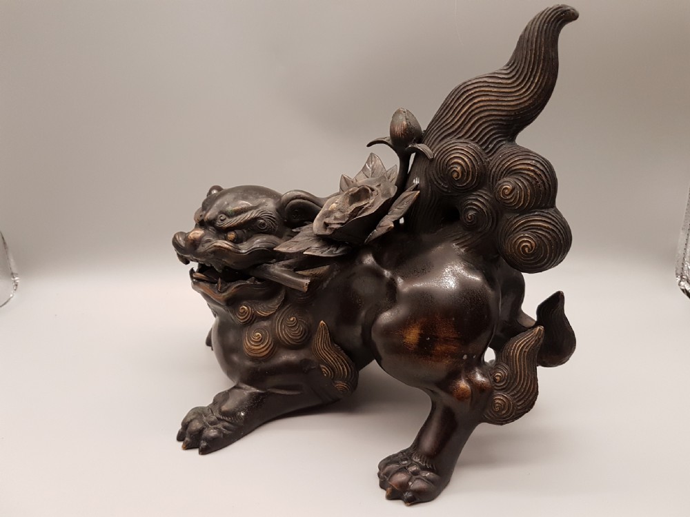 Striking Japanese Meiji (early 20thC) Bronze Temple Lion & Peony (Shishi-Botan) Okimono View VII