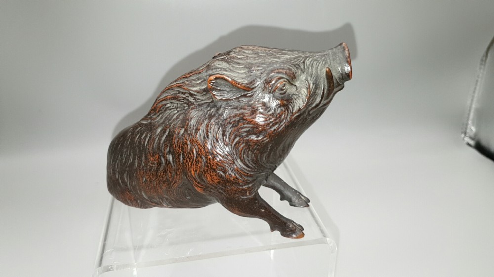 Charming Small Japanese Meiji (late 19thC) Bronze Boar, signed Seiyasu View II