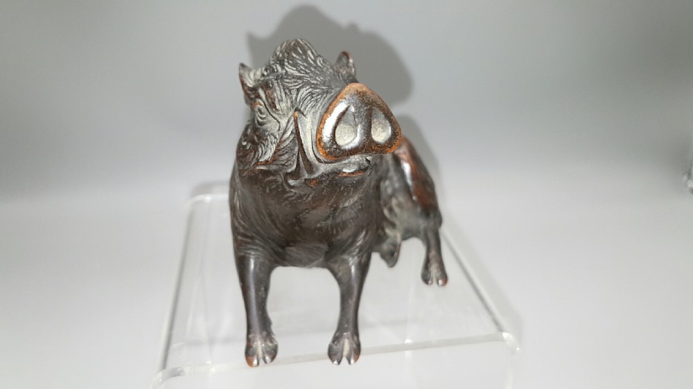 Charming Small Japanese Meiji (late 19thC) Bronze Boar, signed Seiyasu View III