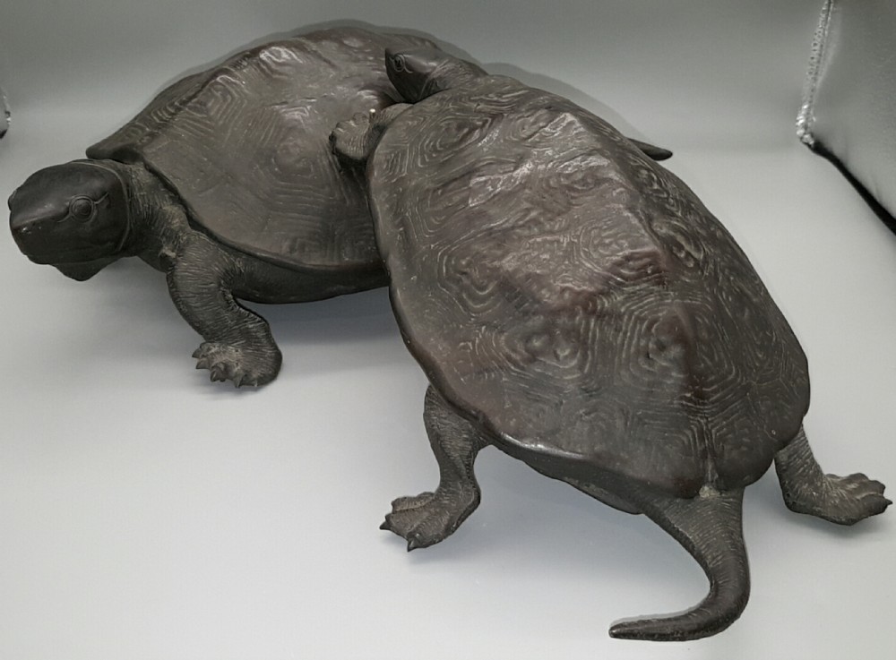 Japanese Antique (1919) Taisho Bronze Okimono of Two Turtles, Style of Murata Seimin