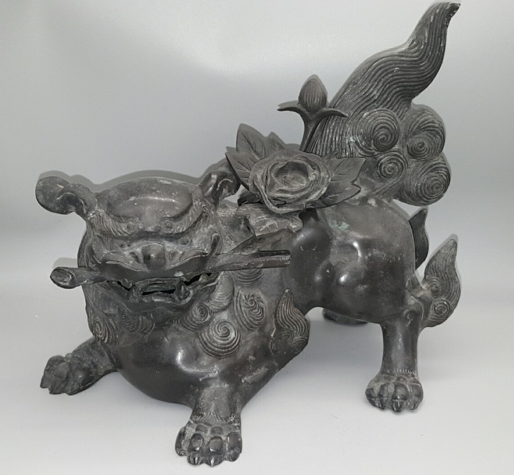 Striking Japanese Meiji (early 20thC) Bronze Temple Lion & Peony (Shishi-Botan) Incense Burner