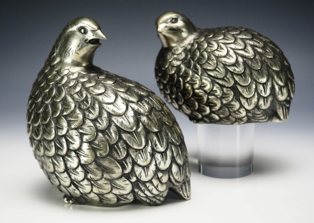 Beautiful Japanese Antique (early 20thC) Cupronickel Pair Quail Sculptures, Saisai