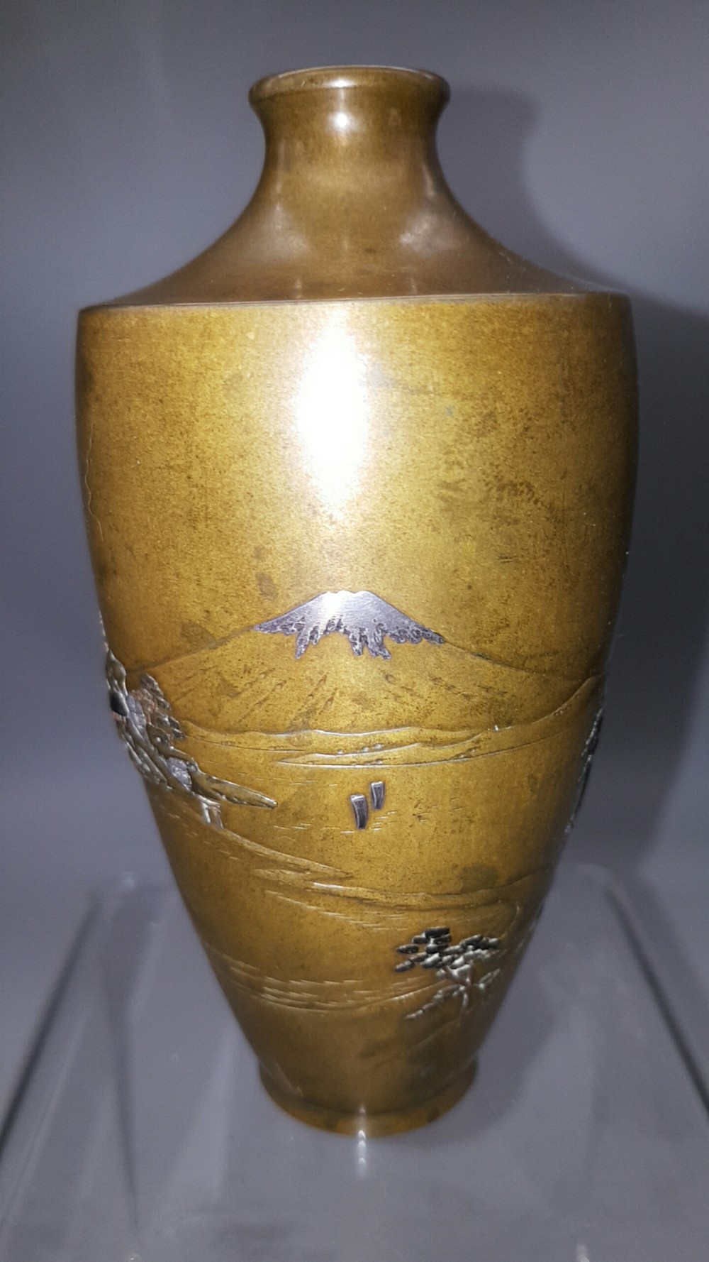 Exquisite Japanese Meiji (late 19thC) Inlaid Bronze Vase, Mt Fuji, Inoue of Kyoto