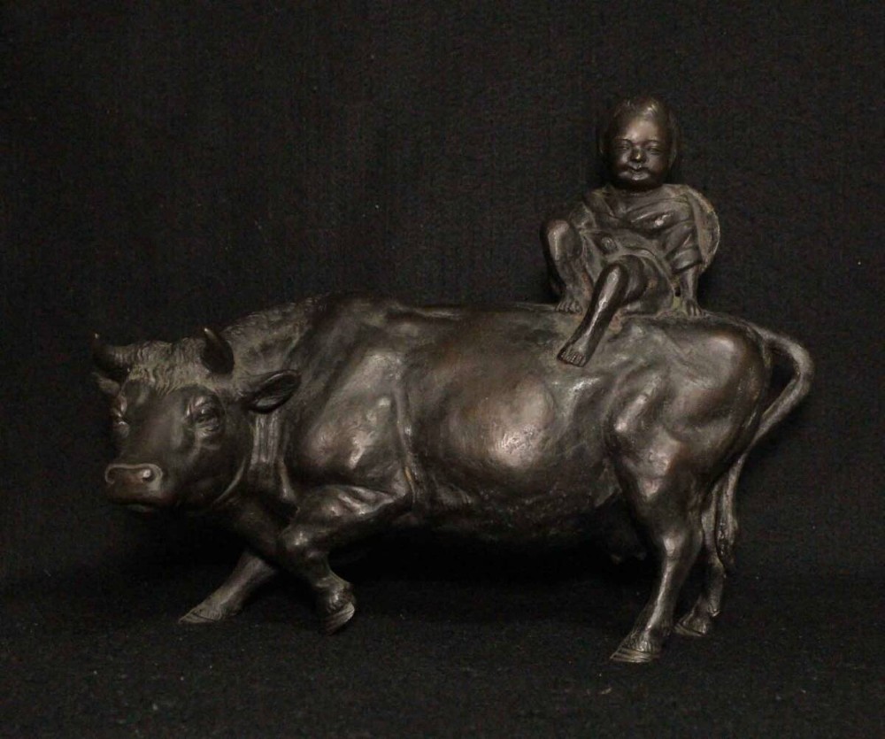 Japanese Antique (late 19thC) Bronze, Boy Riding a Cow