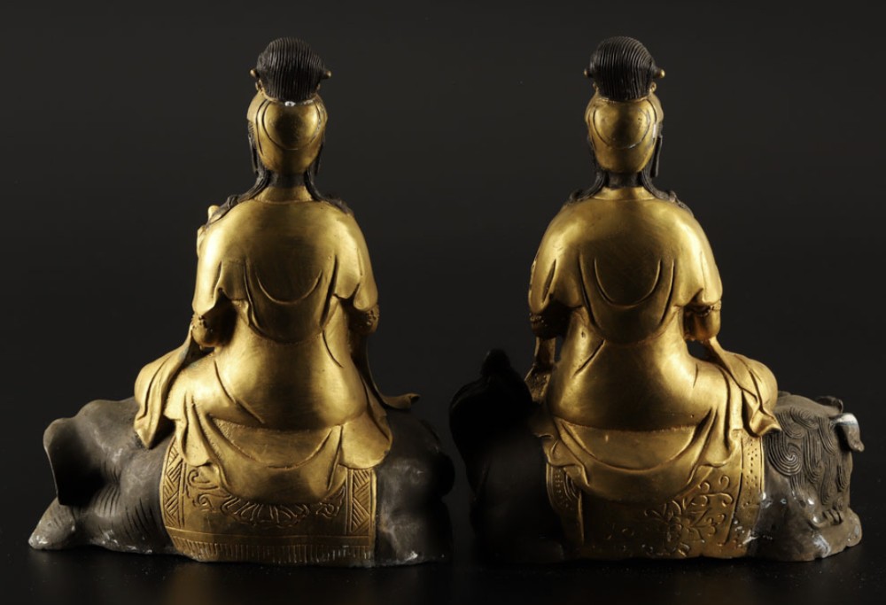 A pair of late nineteenth-century Japanese gilt bronze statues depicting the Bodhisattvas Samantabhadra seated on an elephant and Manjushri seated on a lion. View II