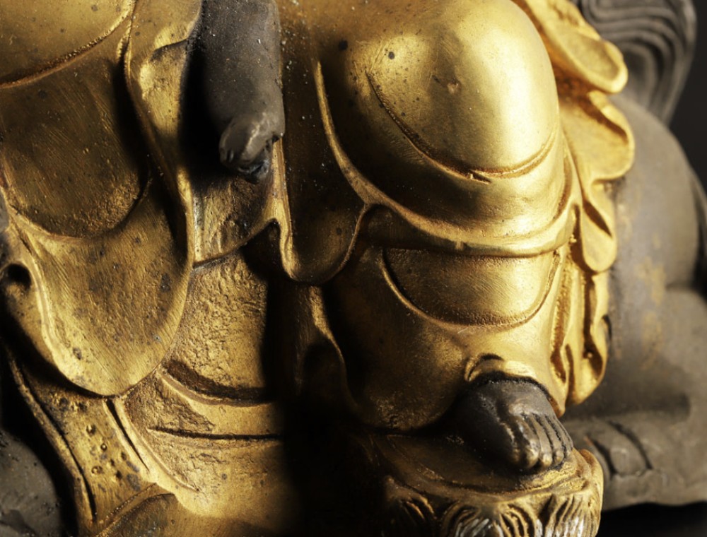 A pair of late nineteenth-century Japanese gilt bronze statues depicting the Bodhisattvas Samantabhadra seated on an elephant and Manjushri seated on a lion. View VI